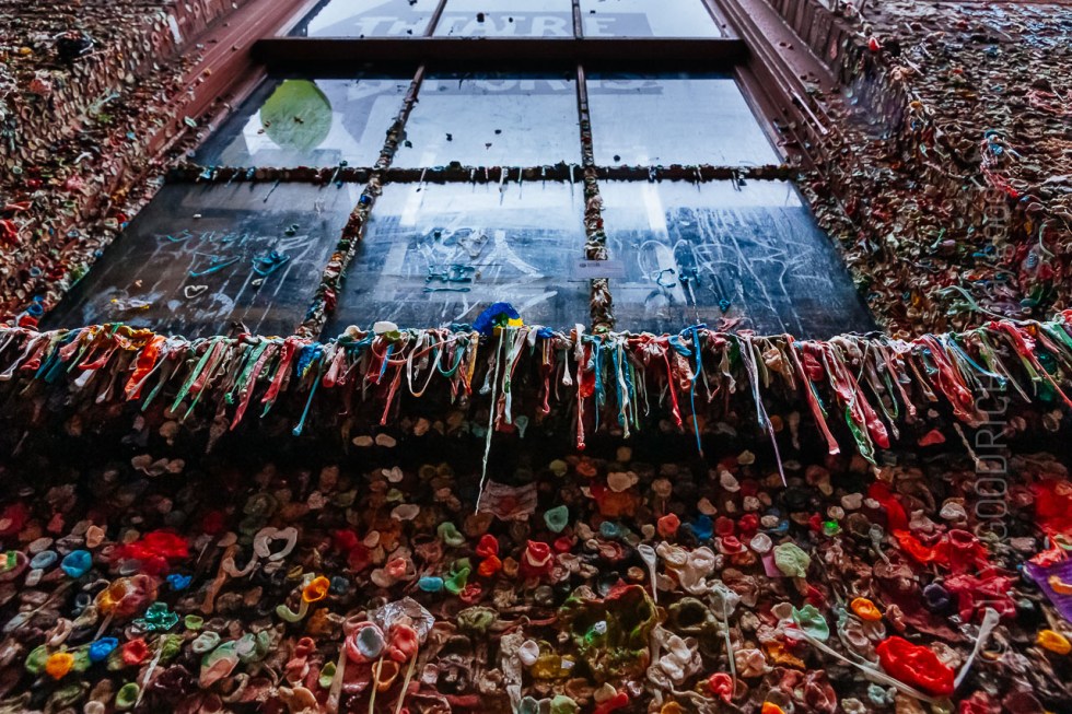 Close up of gum covered wall and window sill near Pike Place Market in Seattle, Washington.